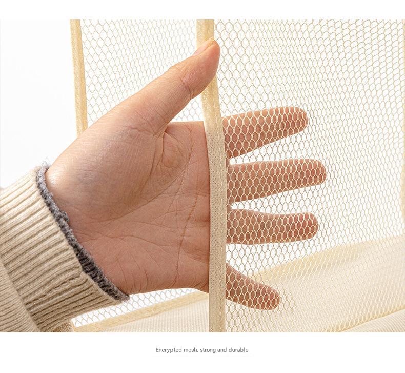 Beige nonwoven mesh fabric for a hanging organizer with reinforced seams