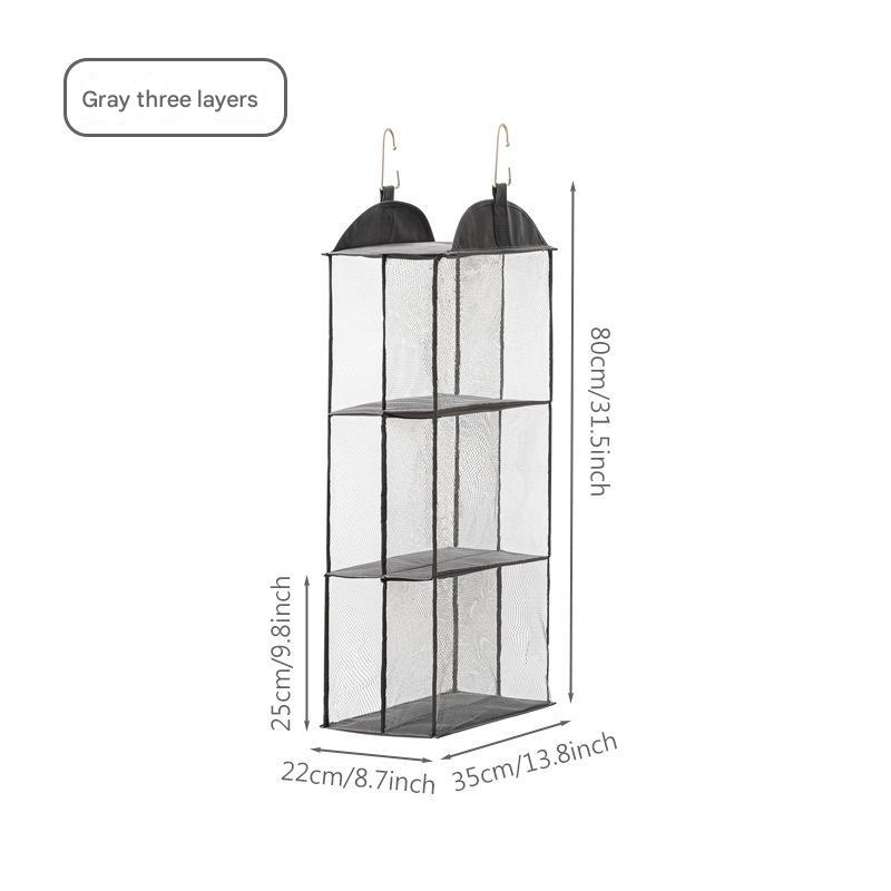 Gray hanging three-tier storage bag with mesh panels and three hanging hooks