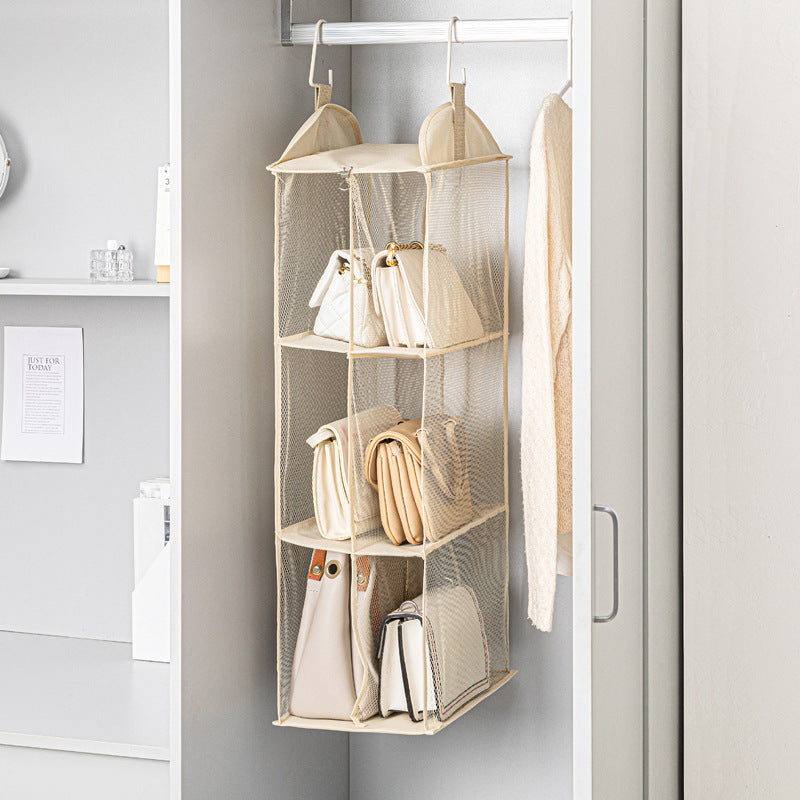 Beige three-tier hanging storage bag with front pockets and hanging hooks