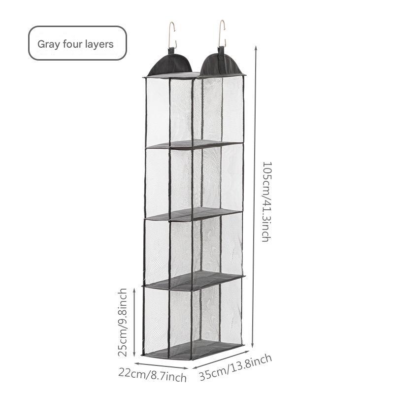 4-tier hanging dustproof storage organizer bag, gray non-woven mesh shelves