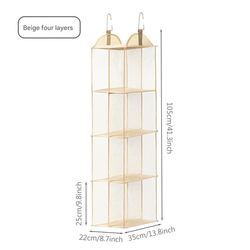 Beige four-tier hanging storage bag with mesh panels and four front compartments