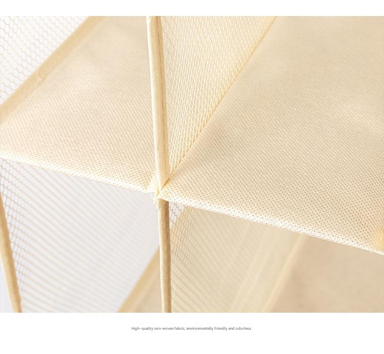 Beige four-tier hanging storage bag frame with mesh dividers and seam lines