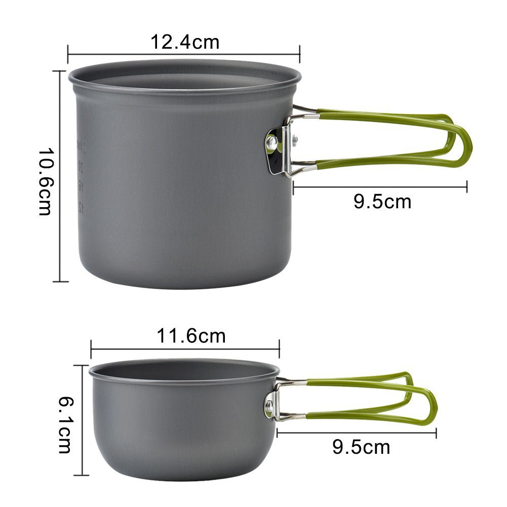 Gray camping pot with green carrying handle, shown with size dimensions