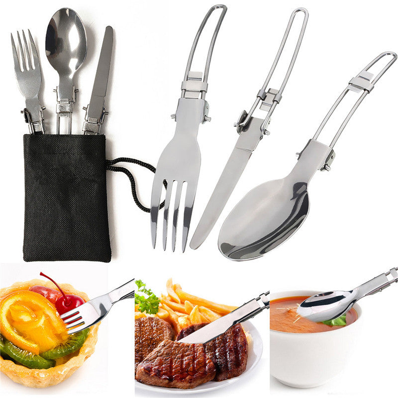 Stainless steel camping utensils in a black mesh storage pouch