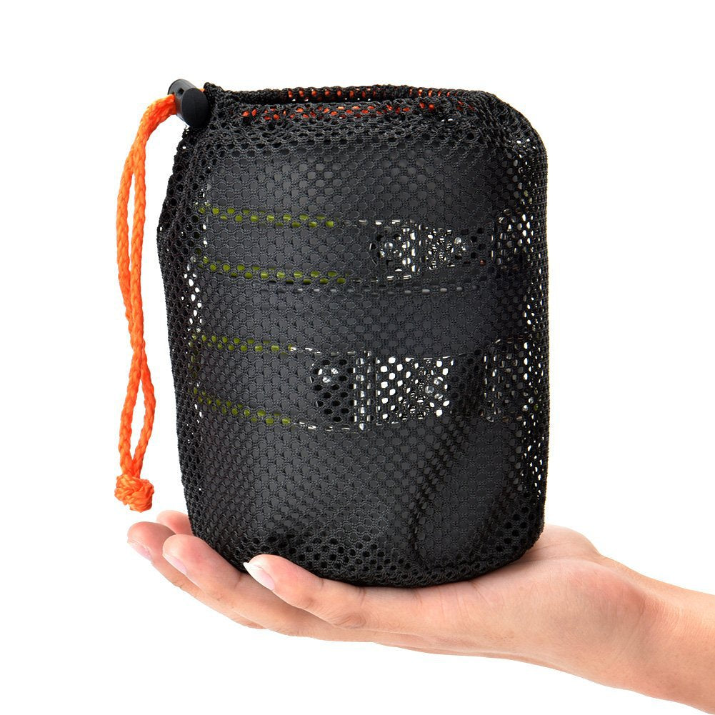 Black mesh storage pouch with orange drawstring for camping utensils