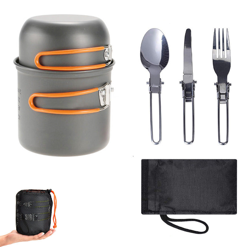 Gray camping cookware pot with orange latches, three stainless utensils, and black pouch
