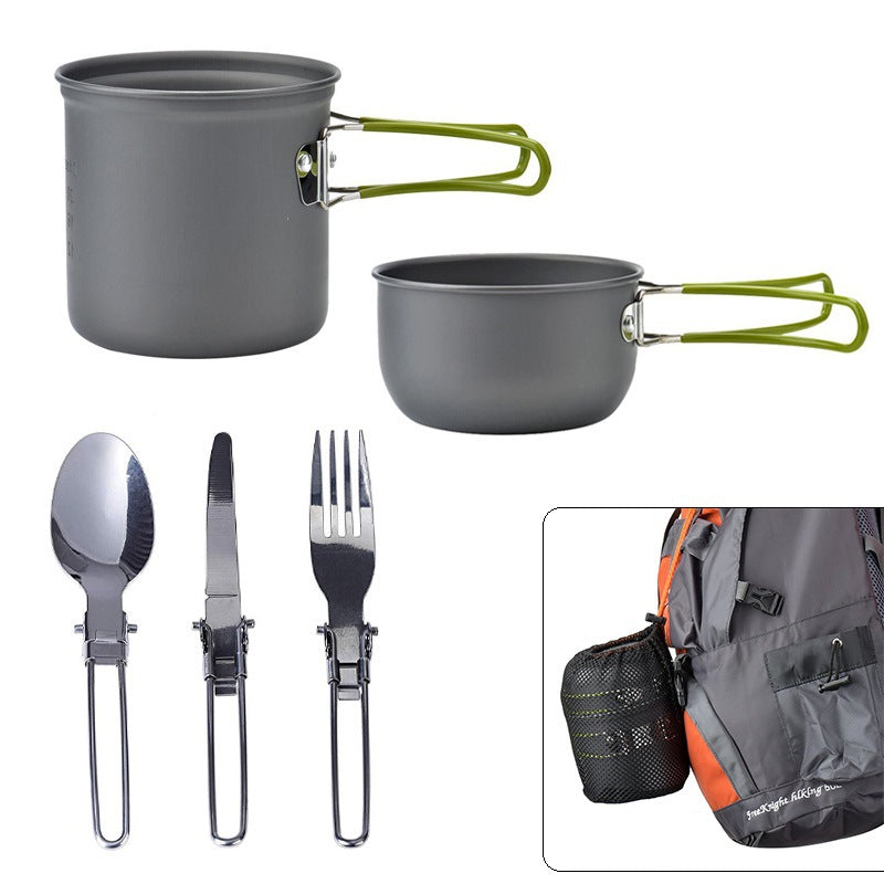 Gray camping pots, three stainless utensils with green handles, and storage pouch