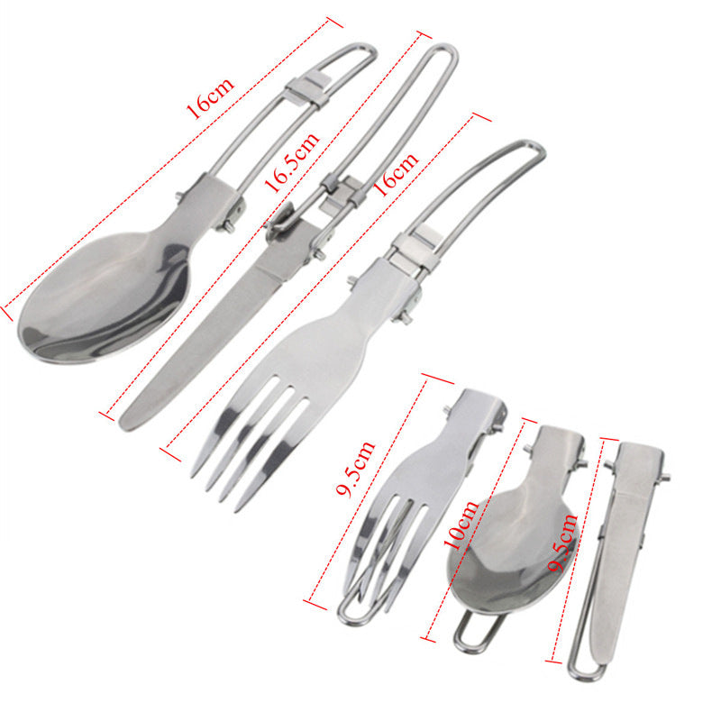 Stainless camping cutlery set with fork, spoon, and knife; measurement diagram