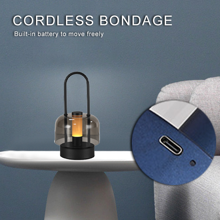 Portable LED lantern on shelf with glowing bulb through smoked glass and USB-C inset