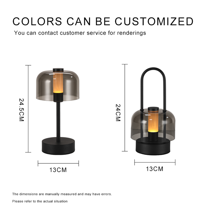 Portable LED lantern with clear smoky glass shade and warm glow, black base and handle