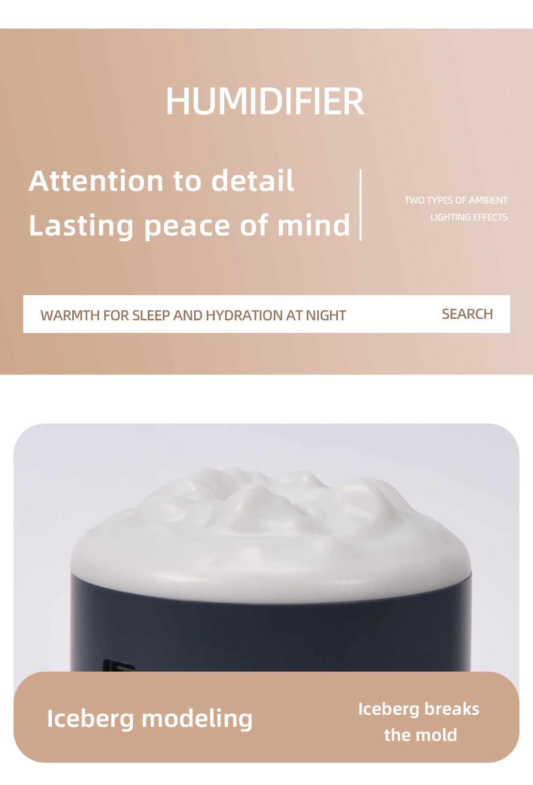 Humidifier with white mist reservoir lid and dark base, visible nozzle area