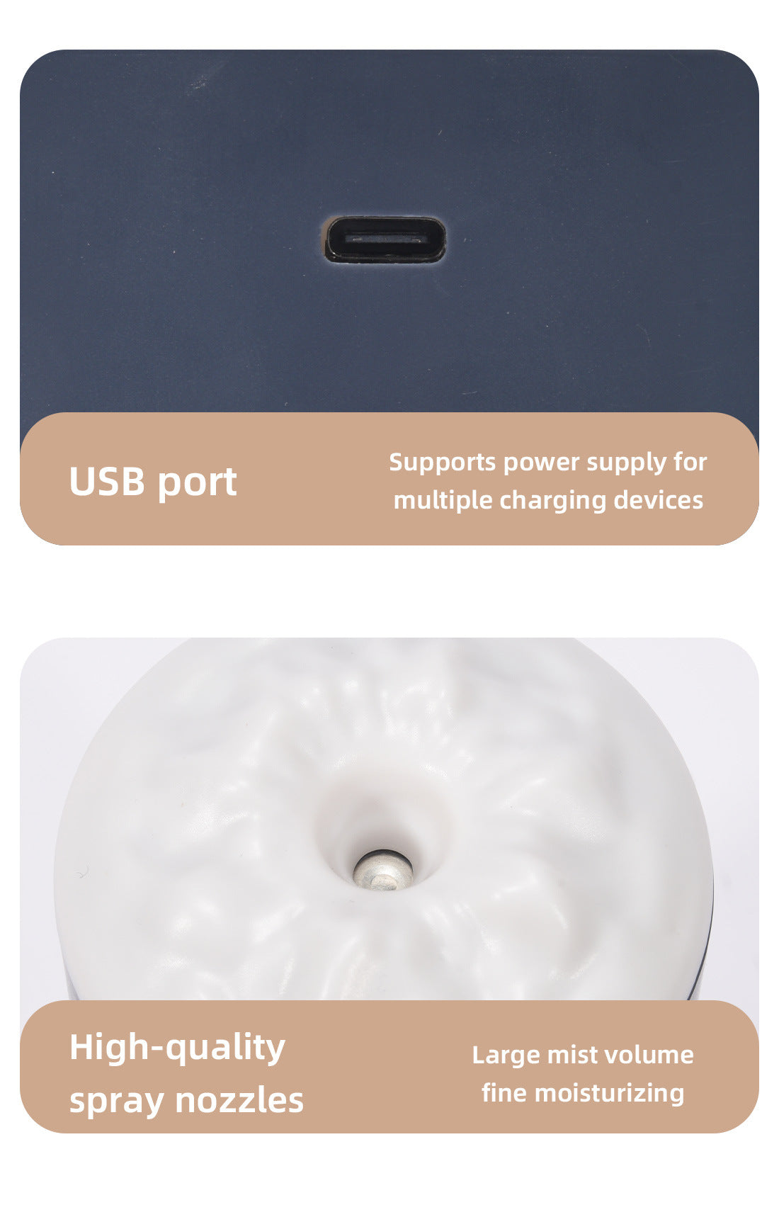 Humidifier base close-up with USB port and round mist nozzle opening