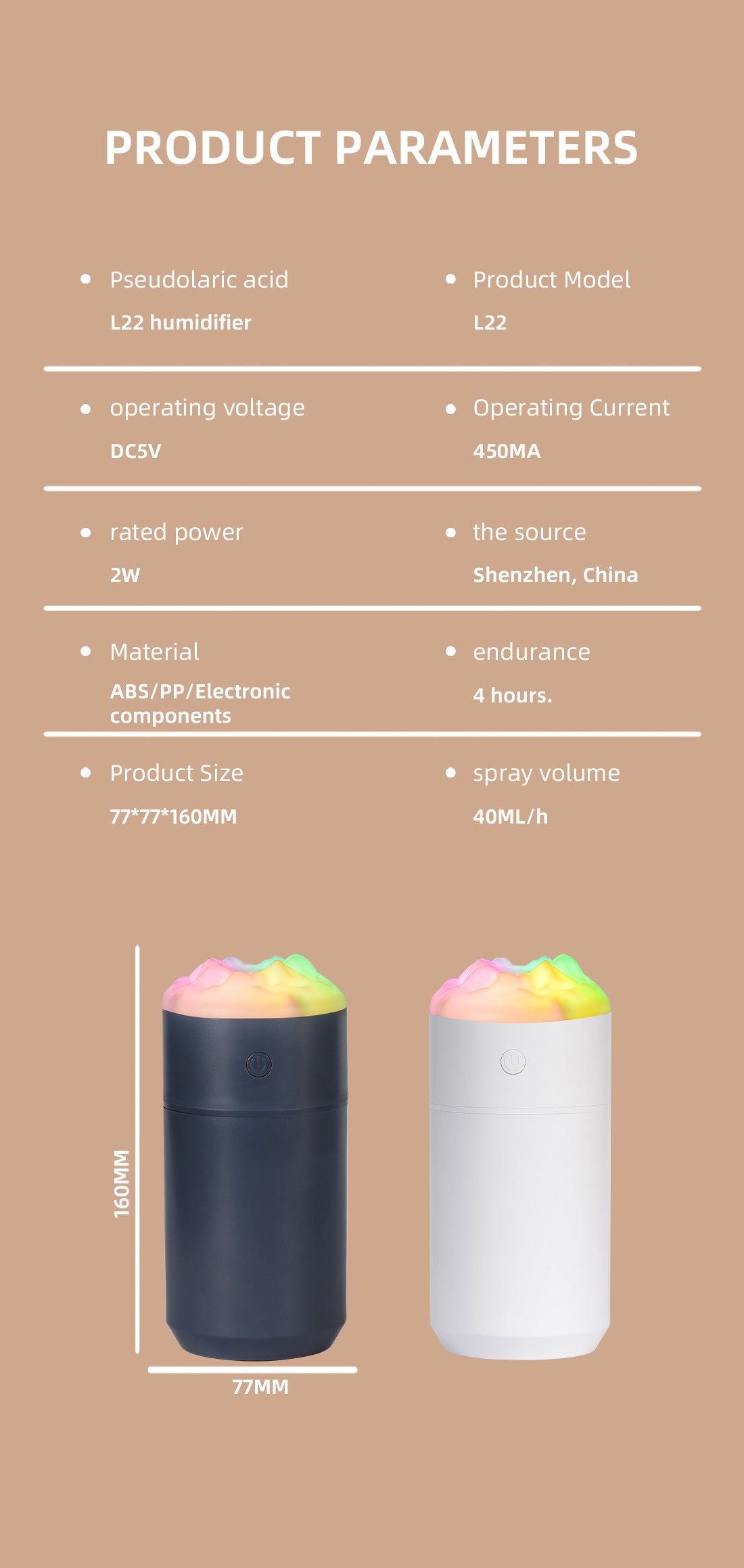 Pair of portable humidifiers: dark and white cylinders with rainbow LED tops