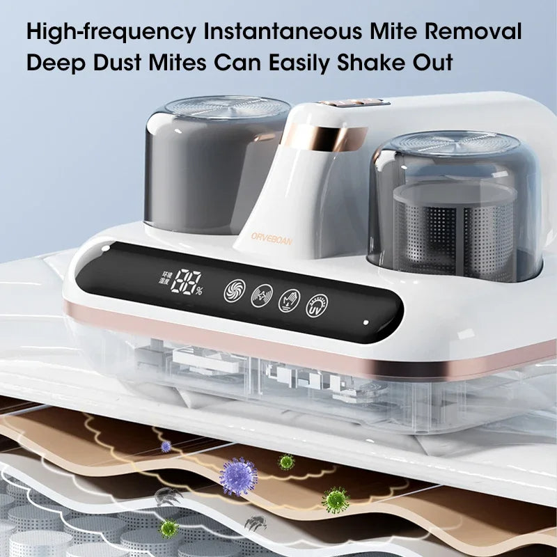 White and pink wireless mite vacuum cleaner with two dust cups and a control panel