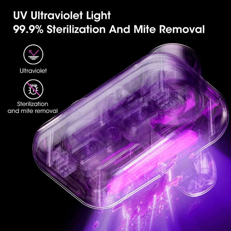Purple-lit UV sterilizer window on a wireless mite vacuum cleaner body