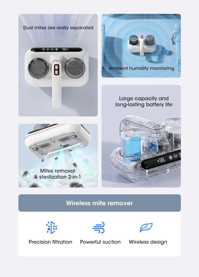 Wireless mite vacuum cleaner with two canisters and a compact charging base