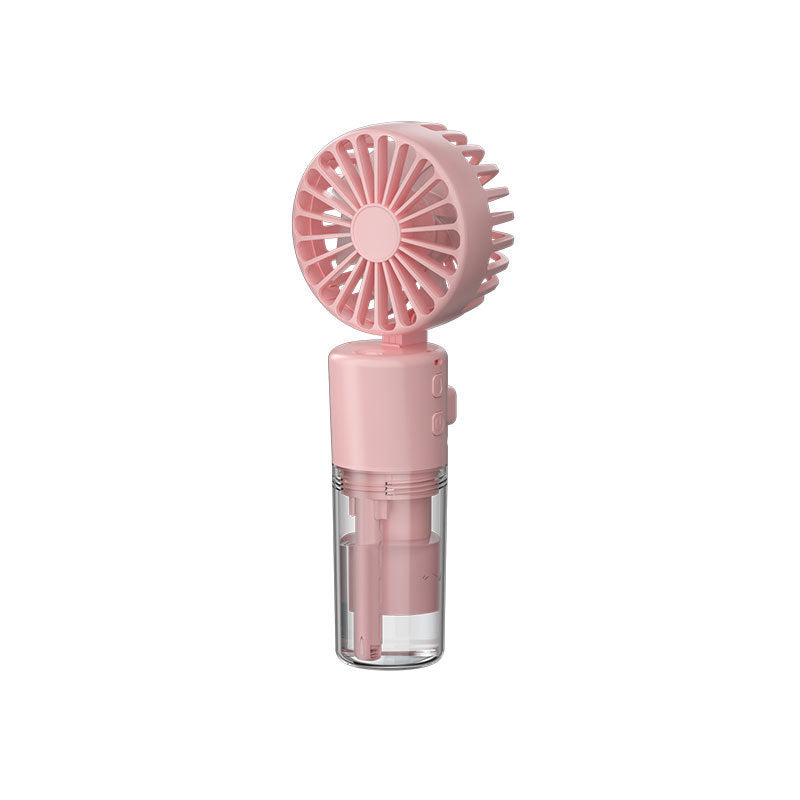 Pink portable mini spray fan with circular grille and mist reservoir base
