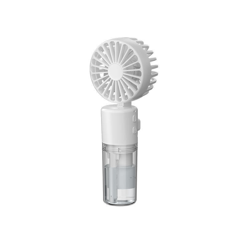 White mini spray fan with round grille and transparent moisturizing tank