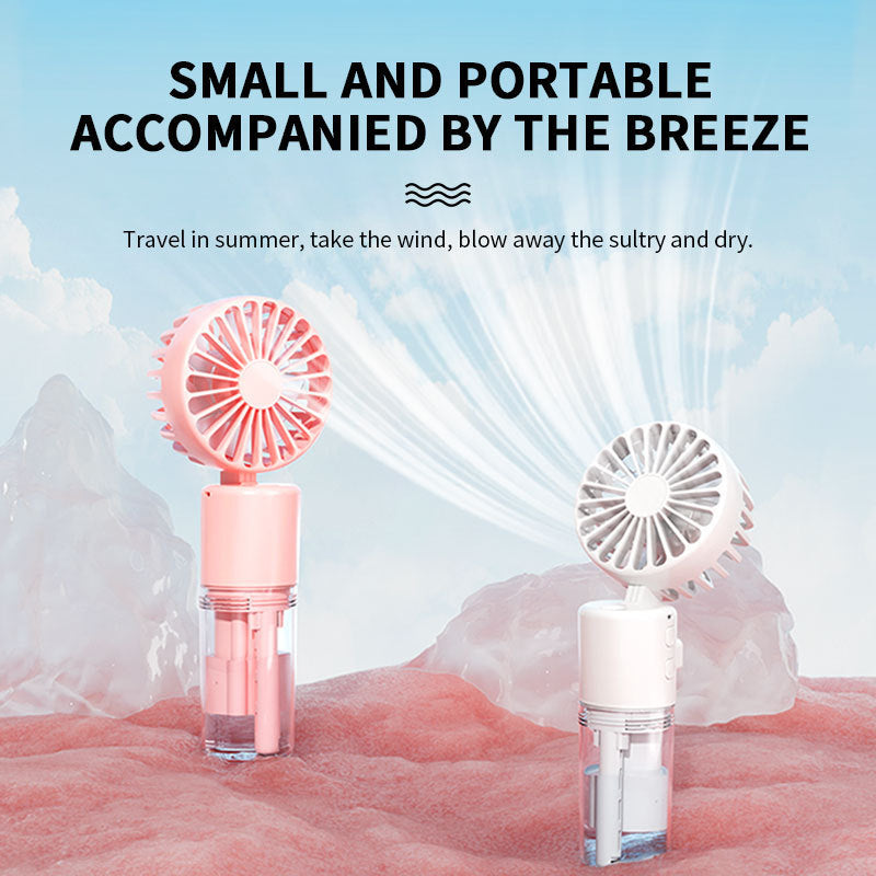 Portable mini spray fan set with round pink and white fan grilles and mist tank bases