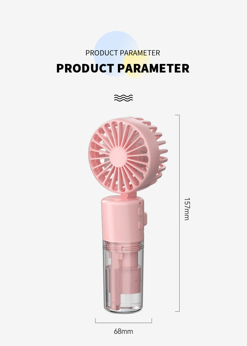 Pink mini spray fan with round grille and compact clear mist tank, 68mm width