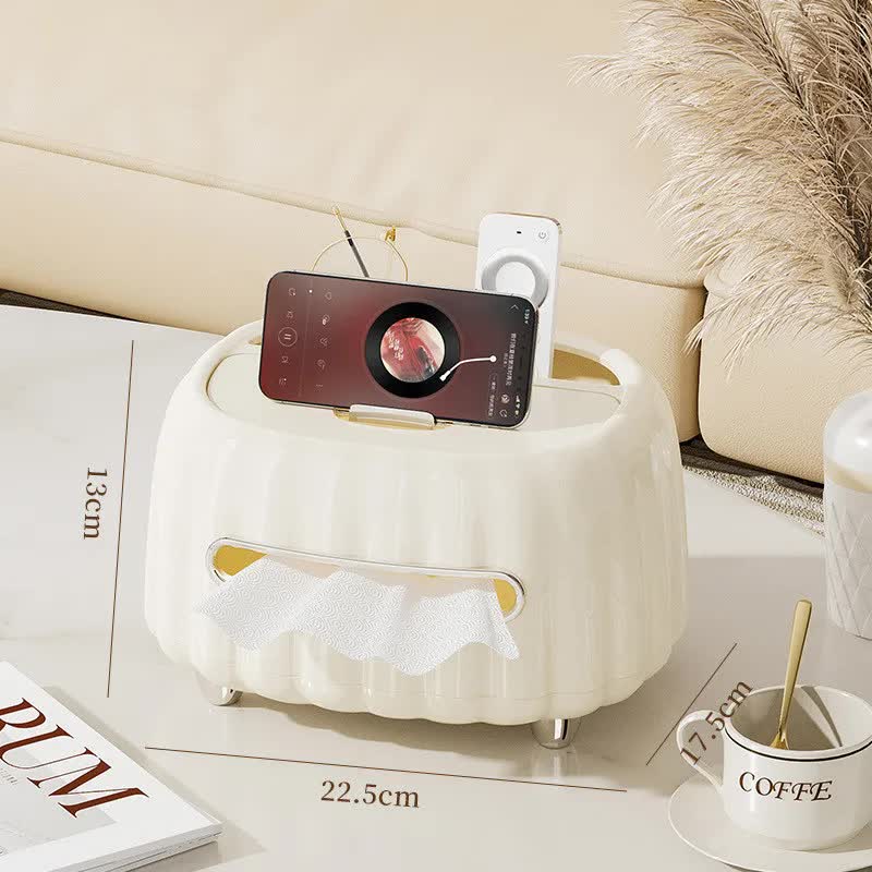 Cream tissue box organizer with side storage slot and open top for tissues
