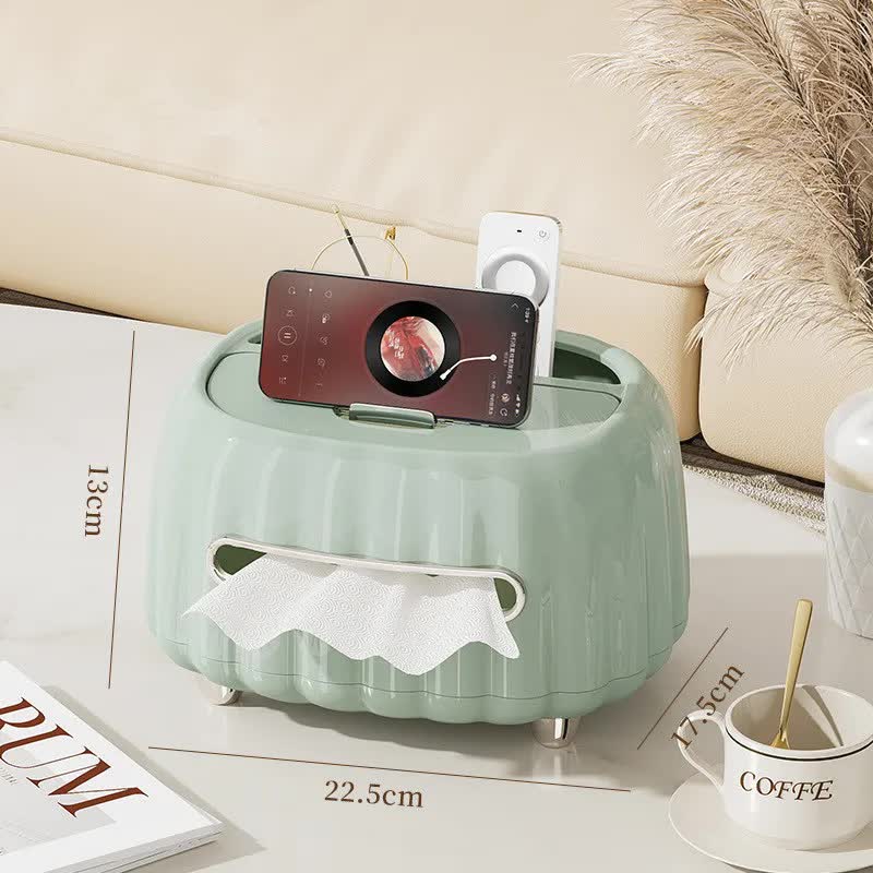 Mint green tissue box organizer with side compartments and tissue holder opening