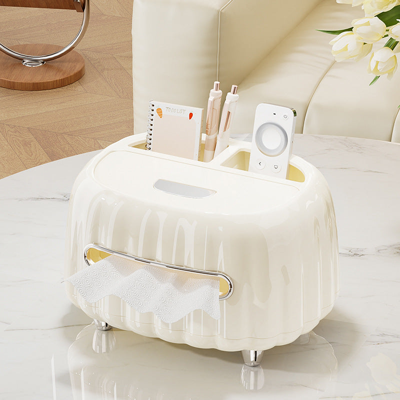 White tissue box organizer with compartments and built-in storage slots