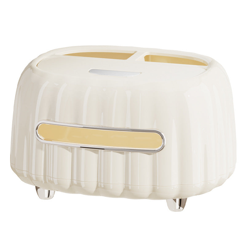 White tissue box organizer with gold trim and front tissue pull bar