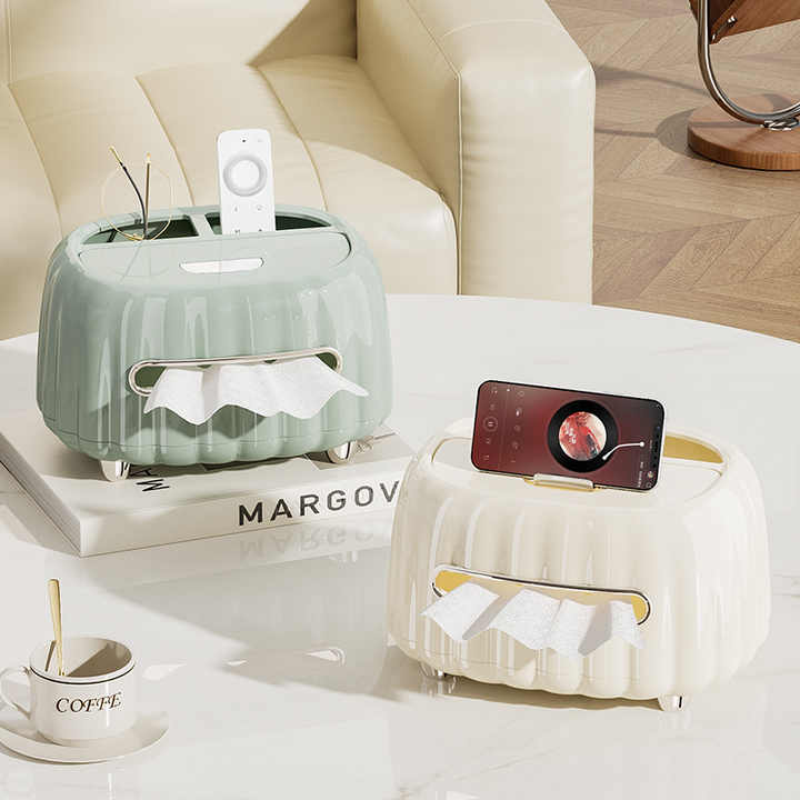 Tissue box organizers set in mint green and white with storage compartments