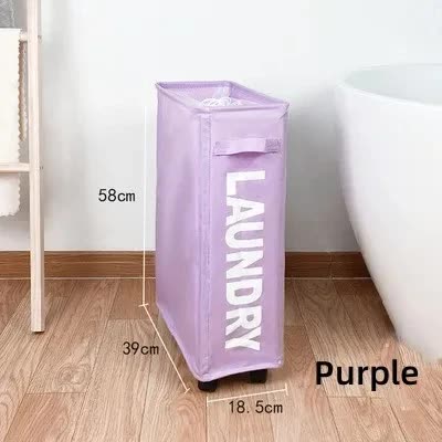 Purple rolling laundry basket with fabric handles, standing upright