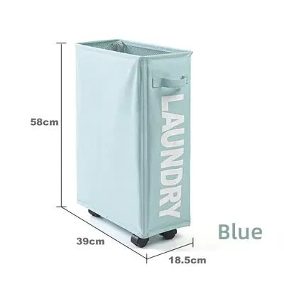 Rolling laundry basket with wheels, light blue fabric sides and mesh top with casters