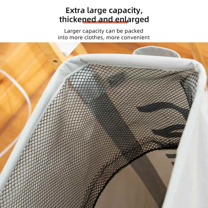 Mesh laundry basket liner close-up with white rim and dark netting