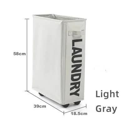 Light gray rolling laundry basket with wheels, fabric bin on four casters