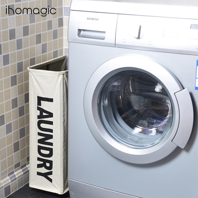 Light gray rolling laundry basket with wheels, front logo print and open top