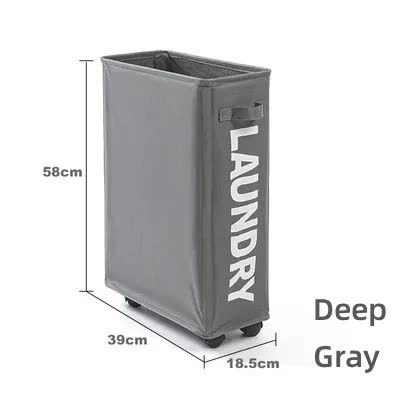 Deep gray laundry hamper with wheels, open fabric bin
