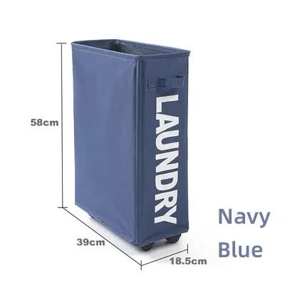 Navy blue rolling laundry hamper with wheels and front access panel
