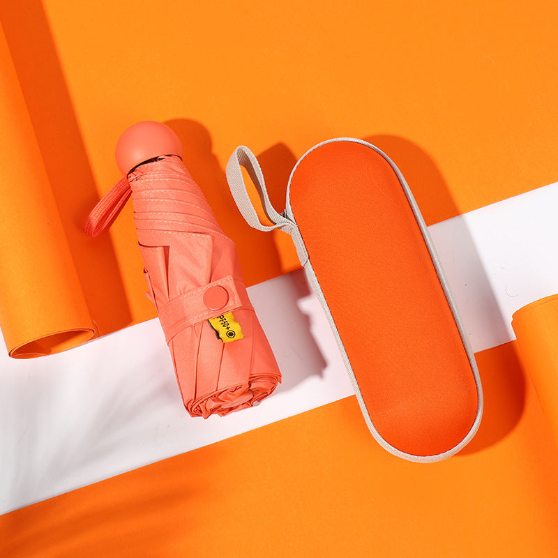 Compact 5-fold umbrella with fabric pouch and carrying wrist strap, orange fabric