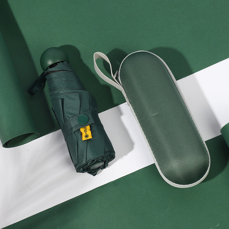 Dark green compact 5-fold umbrella with strap and sleeve, folded and closed