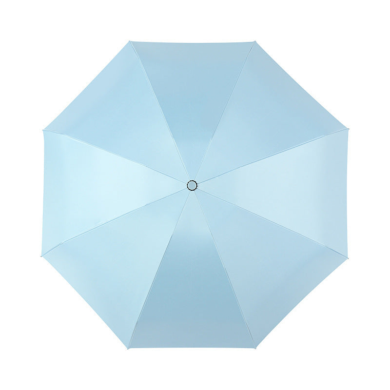 Light blue open compact umbrella with central hub and eight panels