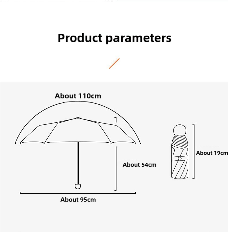 Compact umbrella size diagram with approx 95cm width and 54cm length