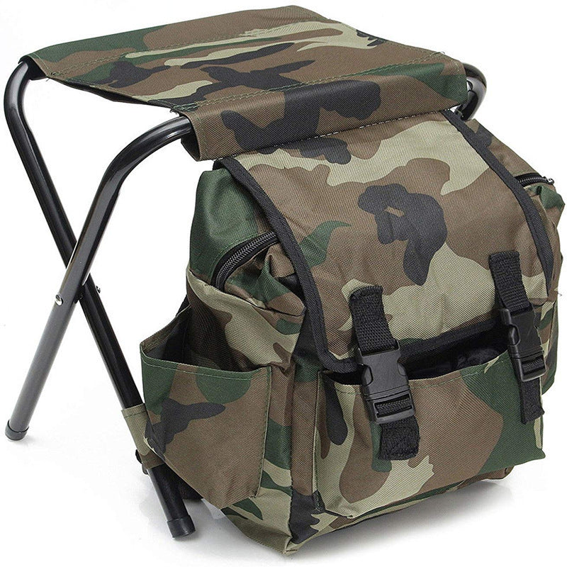 Camo foldable backpack stool with black frame, front pockets, and padded seat top