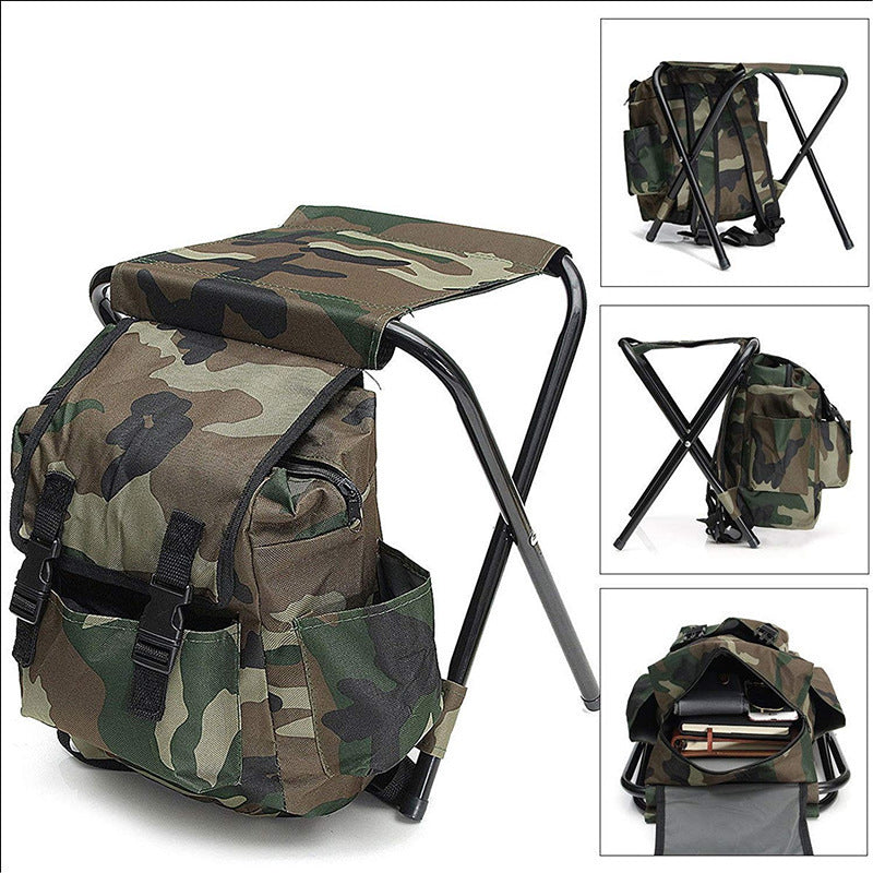 Camo foldable backpack stool with black support frame, shown from multiple angles