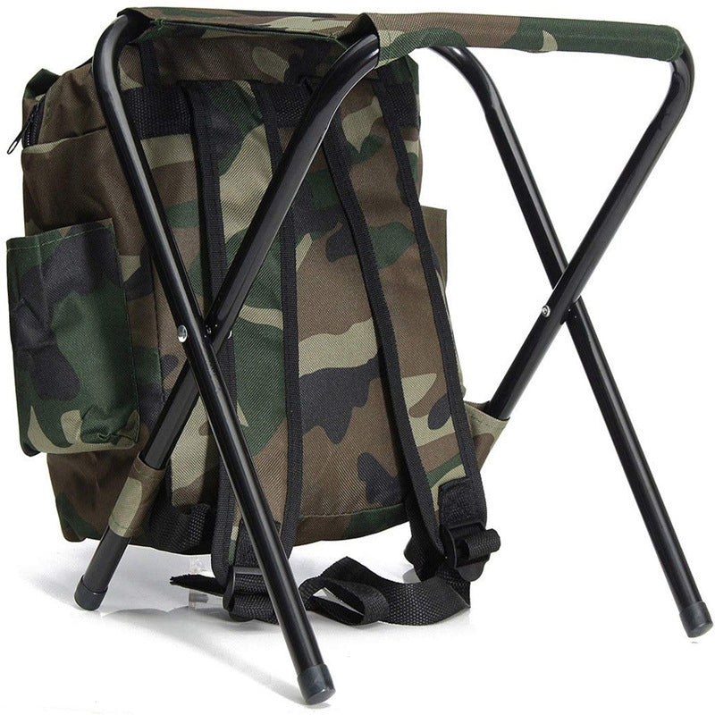 Camo foldable backpack stool with shoulder straps and black folding legs, side view