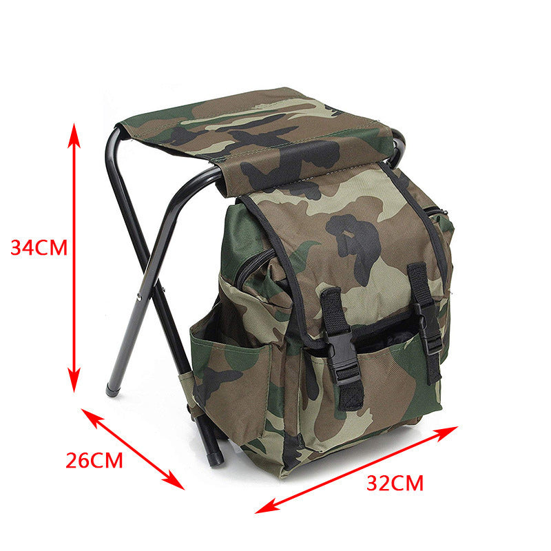 Camo foldable backpack stool size 32 x 26 x 34 cm with black folding legs