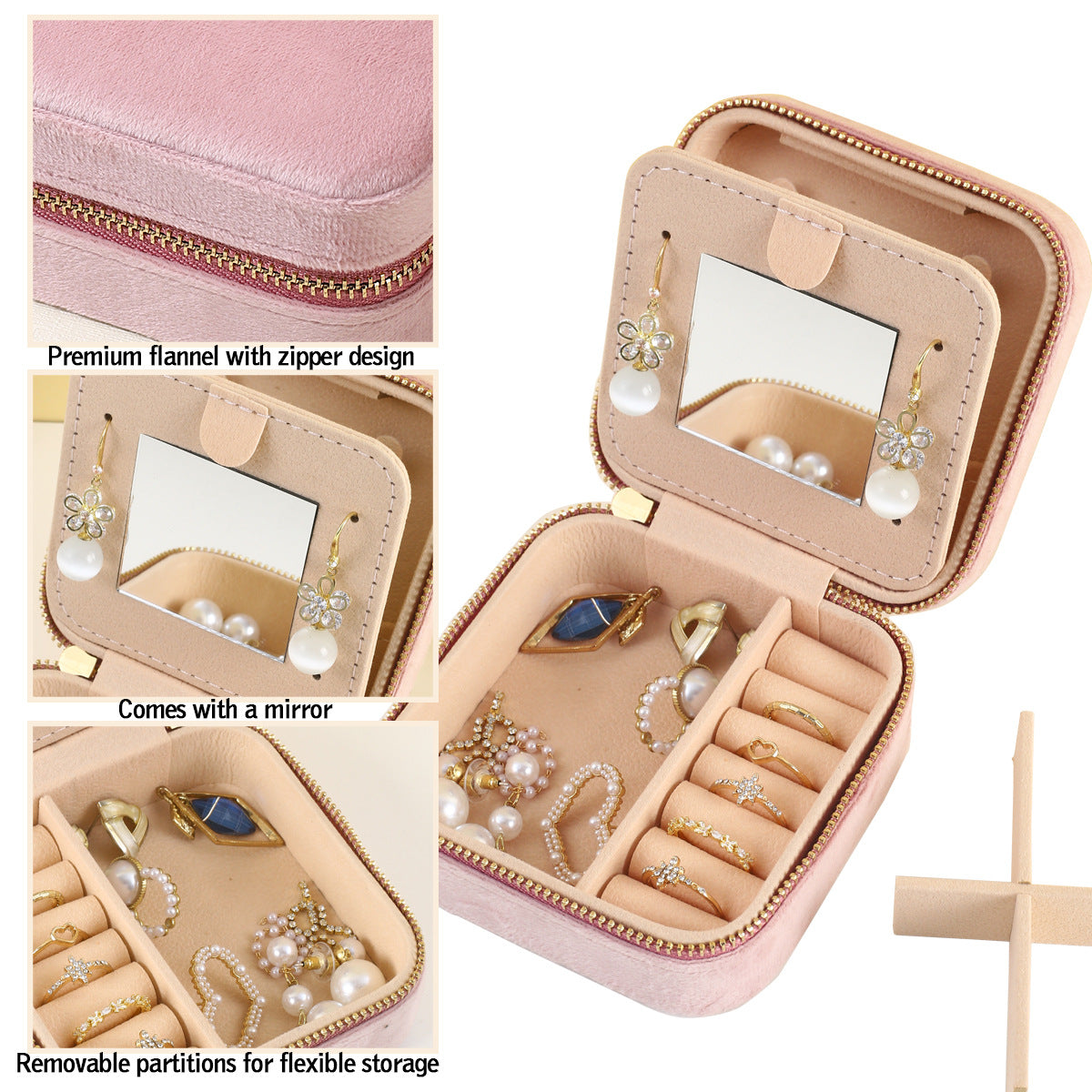Pink jewelry travel box open with built-in mirror panel and removable divider compartments.