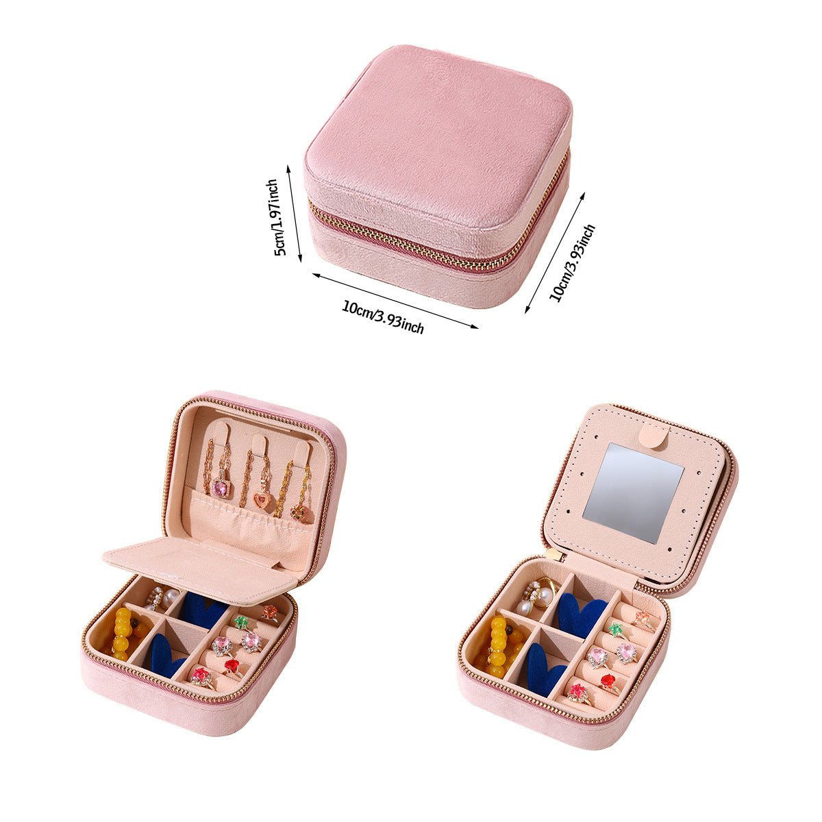 Pink portable travel jewelry box with mirror, open to show ring slots and storage areas.