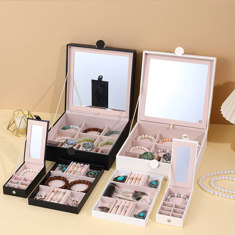 White jewelry storage box with mirror and multi-compartment organizer inserts