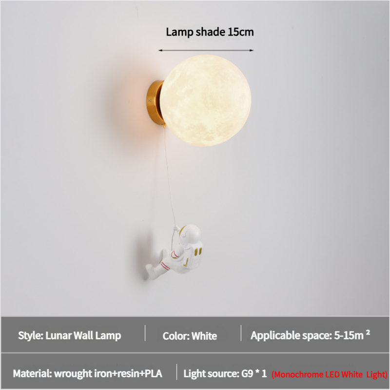 Astronaut moon wall lamp with glowing globe shade and hanging astronaut figure on cord
