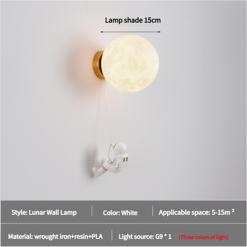 Astronaut moon wall lamp with round globe shade and hanging astronaut figure