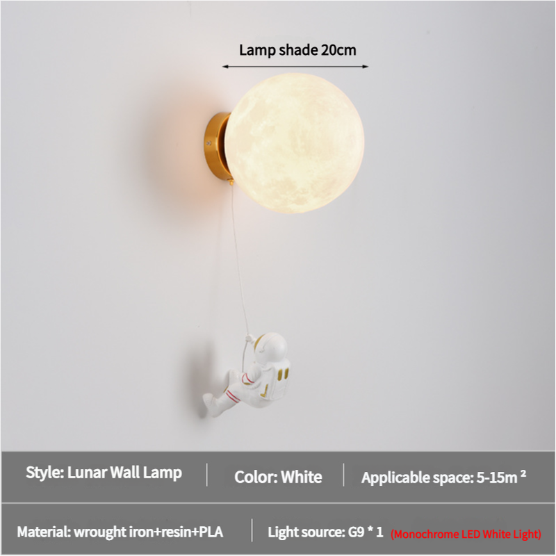 Moon wall lamp with glowing white orb and gold bracket, plus dangling astronaut figure